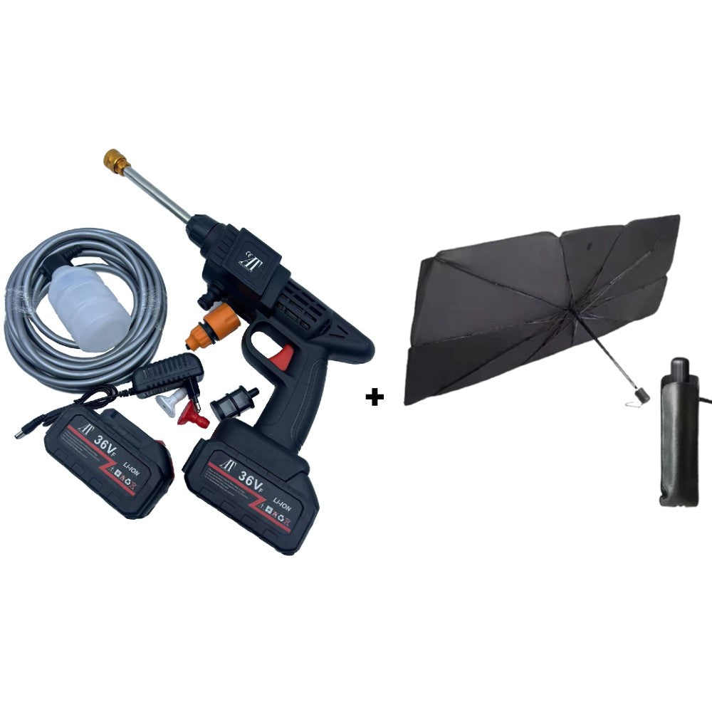 Pachet Auto 2 în 1: Spălător cu Presiune Portabil 36V + Parasolar Tip Umbrelă UV 140x75 cm | Întreținere Completă pentru Mașina Ta