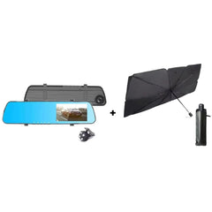 Pachet Auto AT PERFORMANCE®, Siguranță & Confort: Oglindă DVR Dual Full HD + Parasolar Pliabil UV – Protecție Completă Pentru Mașina Ta
