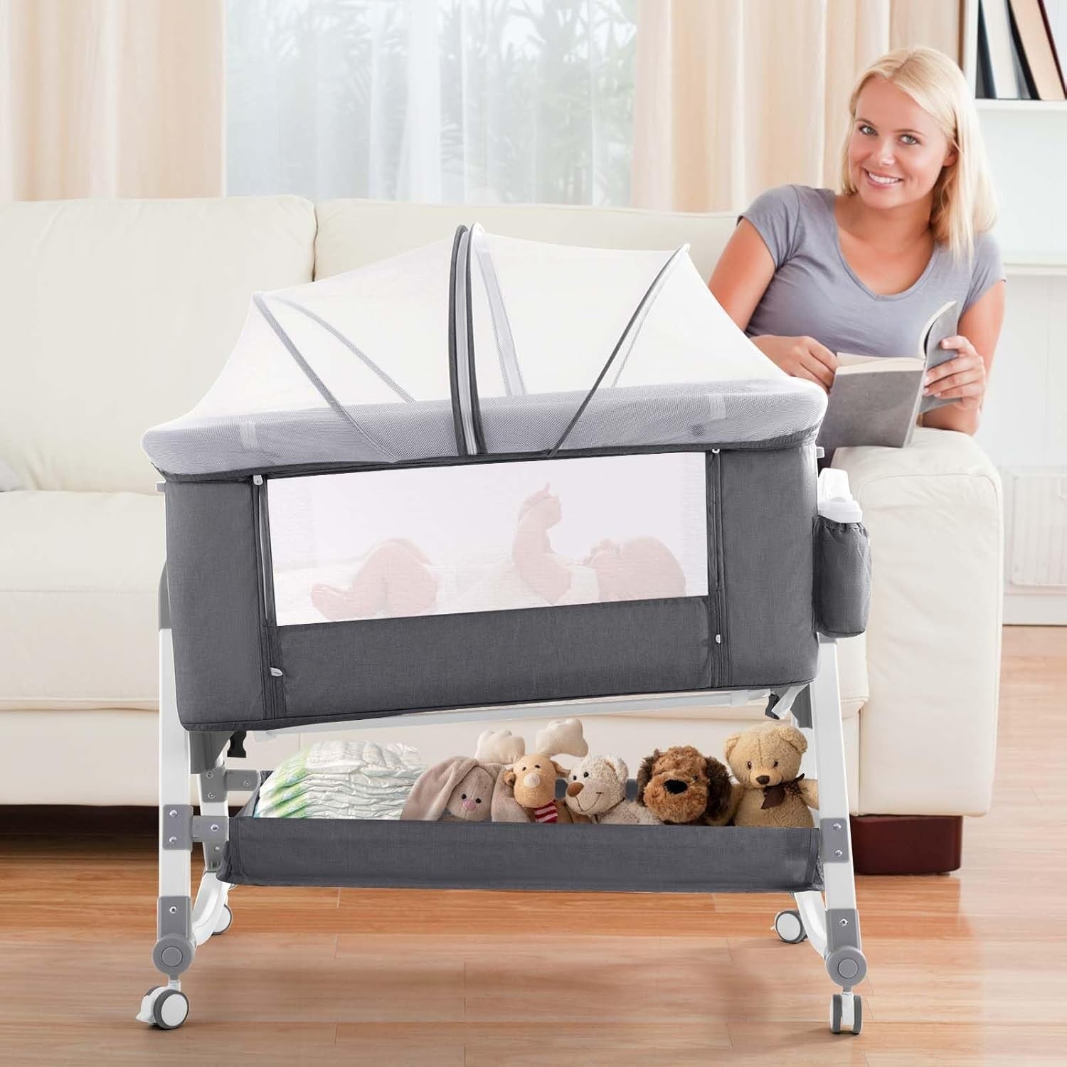 Pat portabil pentru bebeluși AT PERFORMANCE® 3 în 1 cu saltea confortabilă, înălțime reglabilă, roți și pliere ușoară – ideal pentru nou-născuți, gri