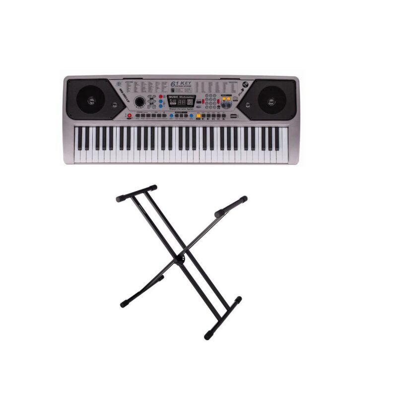 Orga Electronica + Stativ pentru Orga ,Cu 61 De Clape, 100 De Ritmuri, 100 De Tonuri, 10 Melodii Demo, Argintiu.