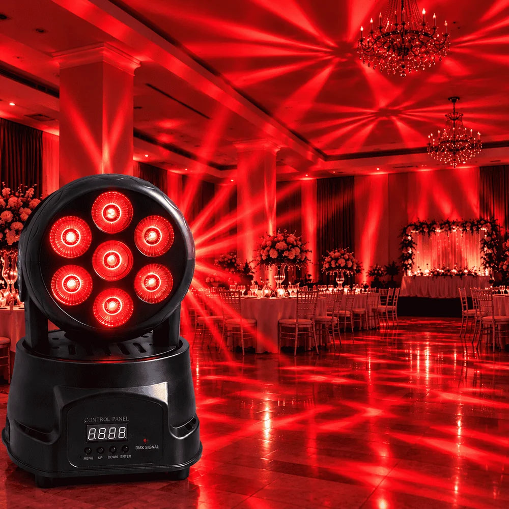 Moving Head LED Profesional 7×10W RGBW 4-în-1, 80W, DMX512 9/14 Canale, PAN 540° / TILT 180°, Stroboscop, Dimmer, Control Muzical, Auto și Master-Slave