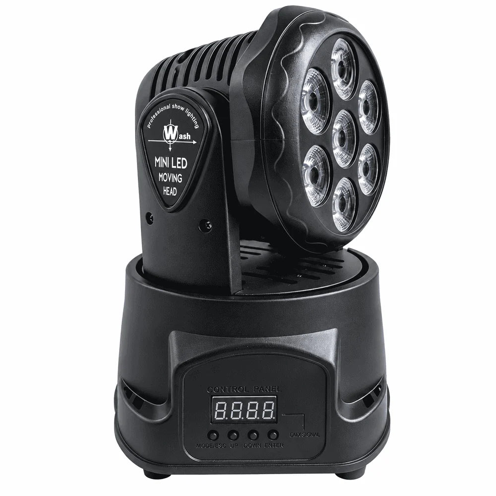 Moving Head LED Profesional 7×10W RGBW 4-în-1, 80W, DMX512 9/14 Canale, PAN 540° / TILT 180°, Stroboscop, Dimmer, Control Muzical, Auto și Master-Slave