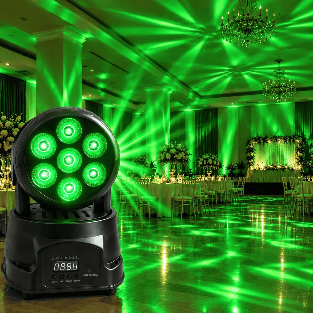 Moving Head LED Profesional 7×10W RGBW 4-în-1, 80W, DMX512 9/14 Canale, PAN 540° / TILT 180°, Stroboscop, Dimmer, Control Muzical, Auto și Master-Slave