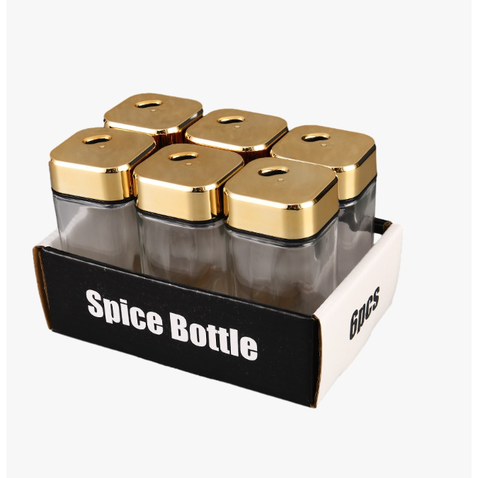 Set 6 Recipiente pentru condimente din sticla, At Perfomance, capac de inox, auriu, 10 x 4.5 x 4.5 cm