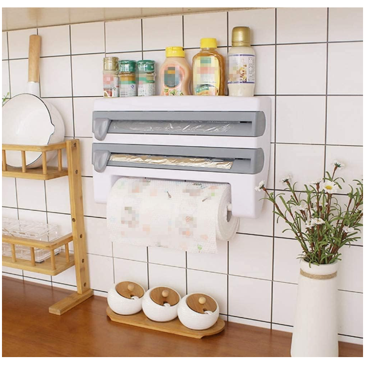 Dozator de Folie Aluminiu, Folie Plastic si Prosoape Hartie, At Performance, 3 in 1, Cutite Incluse si Kit Montaj Perete, 39 x 24 x 10 cm, Alb-gri