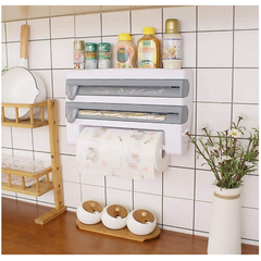 Dozator de Folie Aluminiu, Folie Plastic si Prosoape Hartie, At Performance, 3 in 1, Cutite Incluse si Kit Montaj Perete, 39 x 24 x 10 cm, Alb-gri