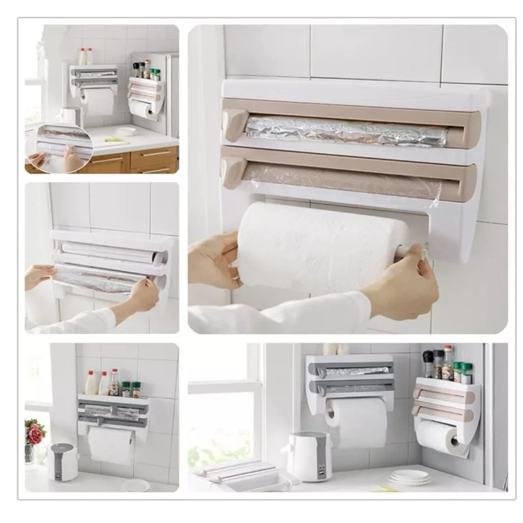 Dozator de Folie Aluminiu, Folie Plastic si Prosoape Hartie, At Performance, 3 in 1, Cutite Incluse si Kit Montaj Perete, 39 x 24 x 10 cm, Alb-gri