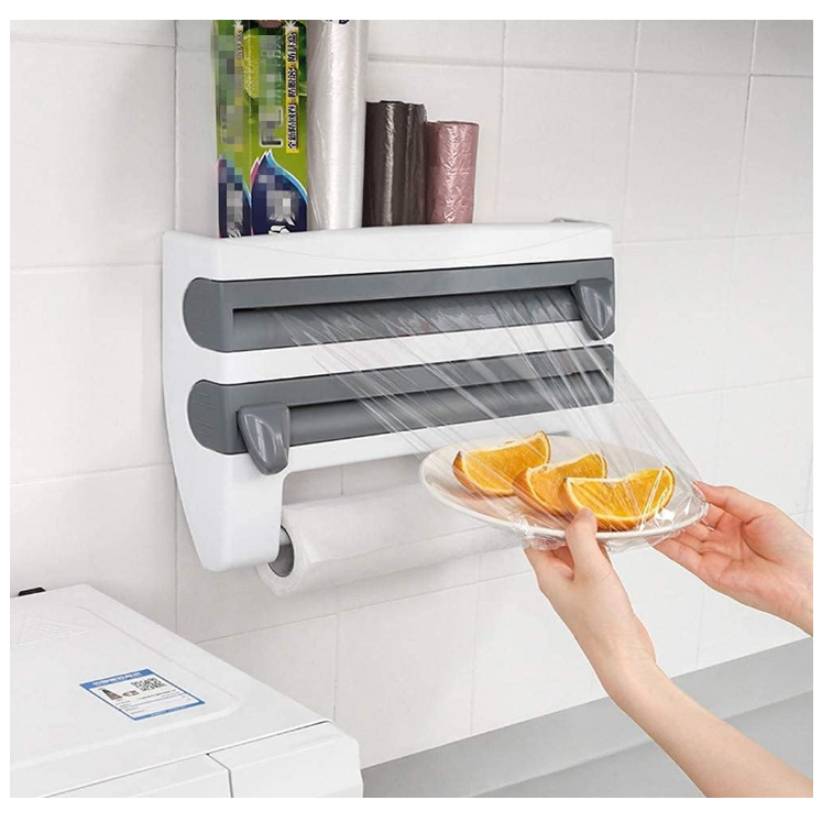 Dozator de Folie Aluminiu, Folie Plastic si Prosoape Hartie, At Performance, 3 in 1, Cutite Incluse si Kit Montaj Perete, 39 x 24 x 10 cm, Alb-gri