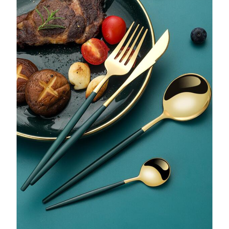 Set de tacamuri At Performance®, 24 piese, din otel inoxidabil, Auriu / Verde