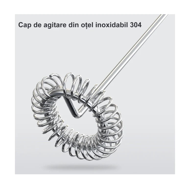 Mixer spuma lapte, At Performance, Electric cu baterie, bauturi calde/reci, maner izolat termic, otel inoxidabil, Pentru latte, ciocolata calda, cappuccino, frappe, usor de folosit cu suport metalic