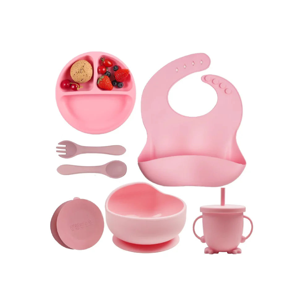 Set 6 piese din silicon fara BPA, AT PERFORMANCE®, de diversificare a hranei pentru bebelusi, 6+ luni, cu Bol, Farfurie, Cana cu pai Lingurita, Furculita, Bavetica Roz