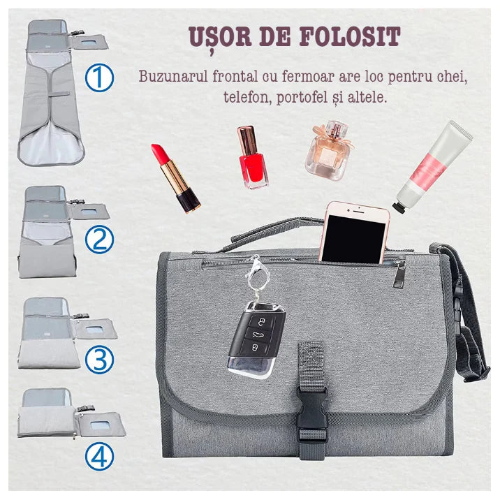 Saltea Pentru Infasat Portabila, Tip Geanta, At Performance, Impermeabila, Multifunctionala, Pliabila, Compartimentata, Sistem Prindere Carucior, 118 x 58 cm, gri