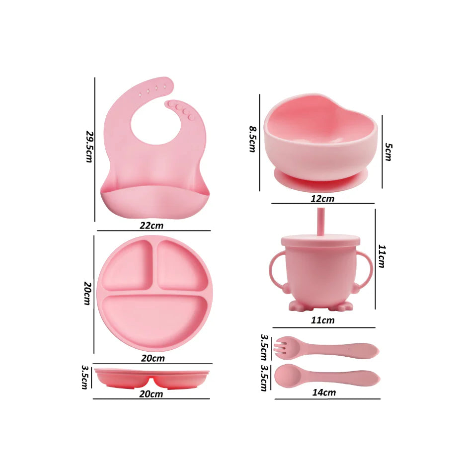 Set 6 piese din silicon fara BPA, AT PERFORMANCE®, de diversificare a hranei pentru bebelusi, 6+ luni, cu Bol, Farfurie, Cana cu pai Lingurita, Furculita, Bavetica Roz
