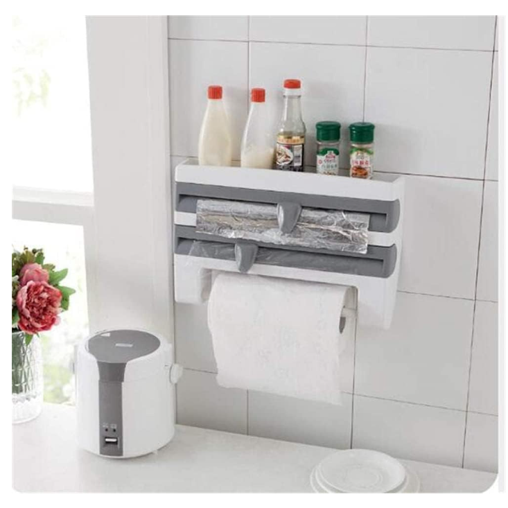 Dozator de Folie Aluminiu, Folie Plastic si Prosoape Hartie, At Performance, 3 in 1, Cutite Incluse si Kit Montaj Perete, 39 x 24 x 10 cm, Alb-gri