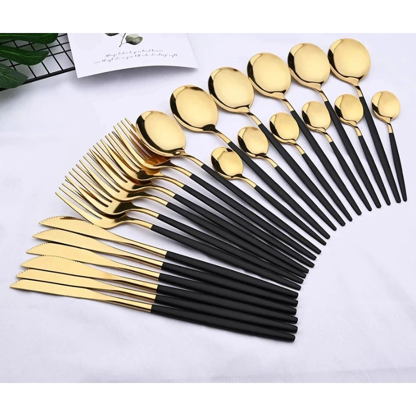 Set de tacamuri moderne 24 de piese, negru si auriu lucios, 13-21 cm