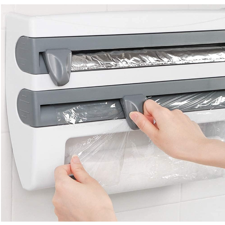 Dozator de Folie Aluminiu, Folie Plastic si Prosoape Hartie, At Performance, 3 in 1, Cutite Incluse si Kit Montaj Perete, 39 x 24 x 10 cm, Alb-gri