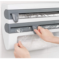 Dozator de Folie Aluminiu, Folie Plastic si Prosoape Hartie, At Performance, 3 in 1, Cutite Incluse si Kit Montaj Perete, 39 x 24 x 10 cm, Alb-gri