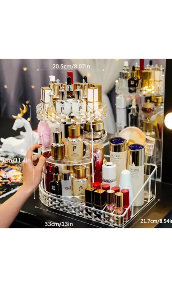 Organizator de machiaj, AT PERFORMANCE®, Cutie de depozitare transparenta pentru cosmetice, Organizator Stand de afisare, din plastic, rotativ la 360 de grade