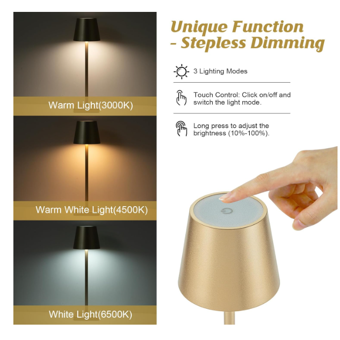 Lampa de masa, At Performance, led reincarcabila cu 3 temperaturi de culoare cald/rece/neutru, 38 cm x10 cm, culoare Auriu