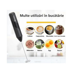 Mixer spuma lapte, At Performance, Electric cu baterie, bauturi calde/reci, maner izolat termic, otel inoxidabil, Pentru latte, ciocolata calda, cappuccino, frappe, usor de folosit cu suport metalic