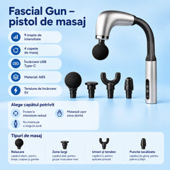 Pistol de Masaj Fascia Gun AT PERFORMANCE®, 4 Capete Interschimbabile, 9 Trepte de Viteză, Ecran LCD, Încărcare Type-C Gri