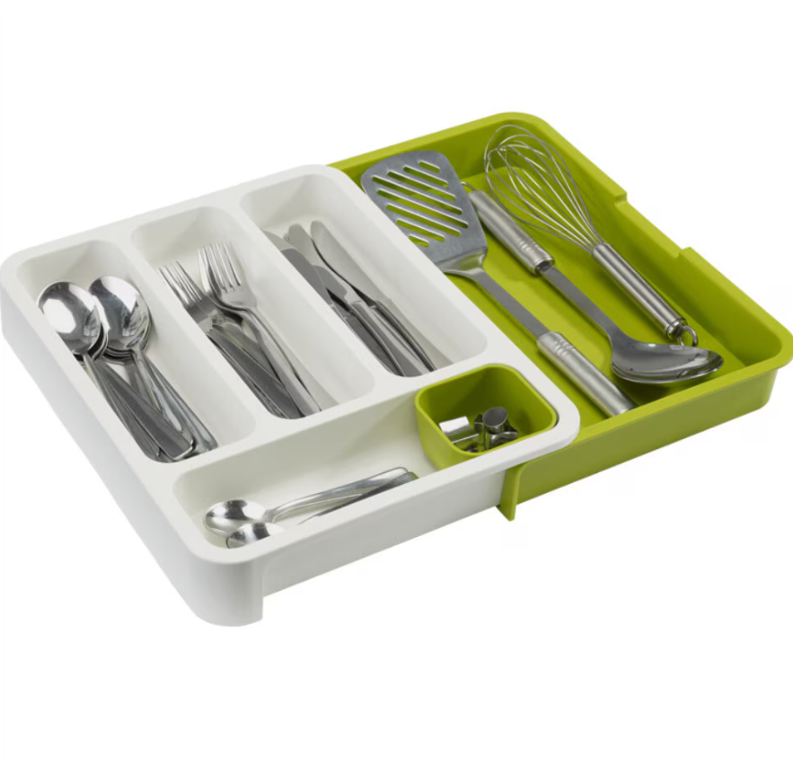 Organizator Extensibil si Multifunctional pentru Tacamuri AT PERFORMANCE®– Suport Modular pentru Sertar din Plastic - de la 29cm la 48cm - Alb-Verde