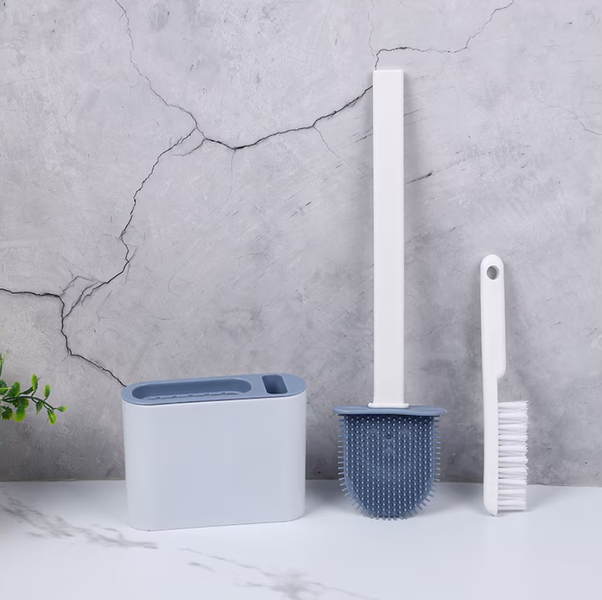 Set Perie WC din silicon pentru toaleta, AT PERFORMANCE®, Cap Flexibil, fixare pe perete, cu recipient din plastic, aspect modern, Alb